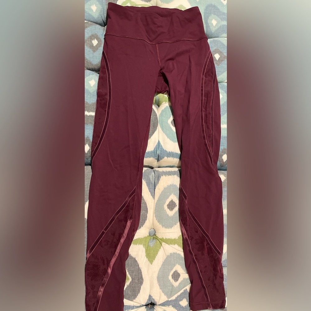 Lululemon maroon velvet + floral mesh pattern.